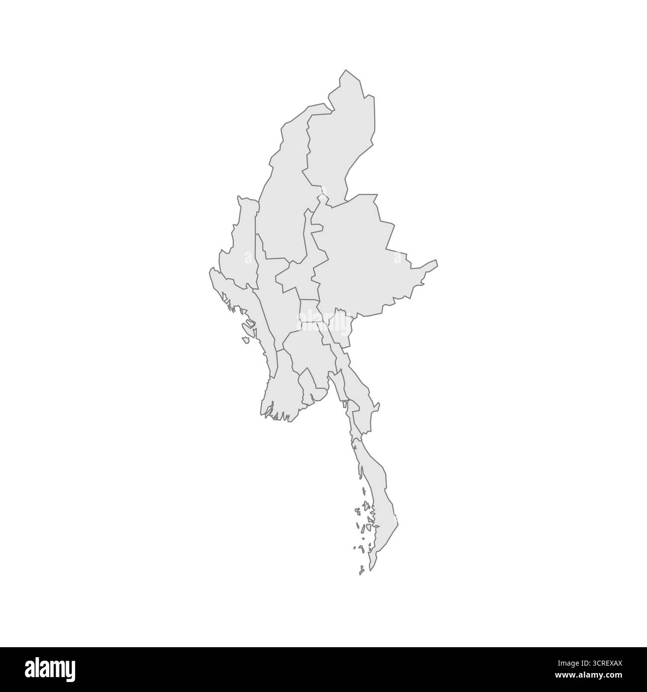 Mappa politica del Myanmar delle divisioni amministrative - stati, regioni e territorio dell'Unione di Naypyitaw. EPS mappa modificabile con vettore vuoto grigio. Illustrazione Vettoriale