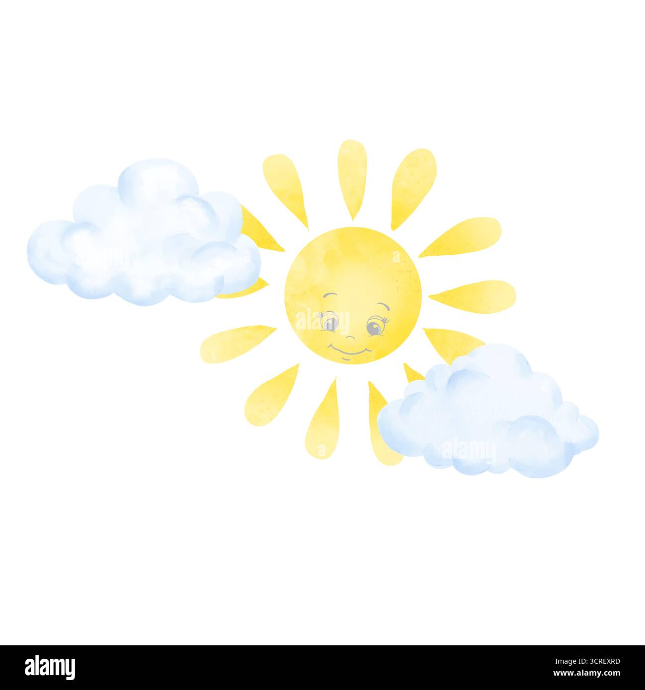 Il sole è giallo con i raggi nelle nuvole. Illustrazione acquerello. Il buffo sole con i suoi occhi sorride, isolato su uno sfondo bianco. Per la stampa su te Foto Stock