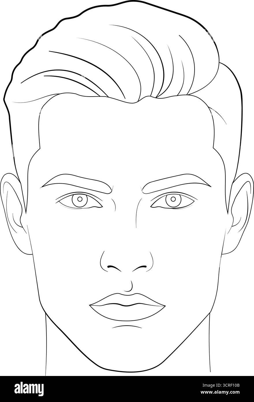 Questa dettagliata illustrazione line art presenta il volto di un giovane uomo, che presenta tratti del viso con linee pulite e un look espressivo. Illustrazione Vettoriale