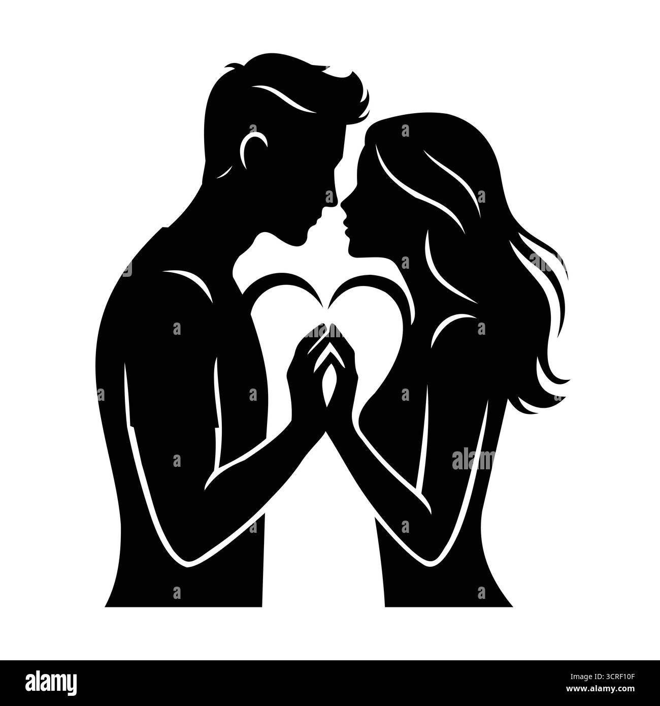 Questa romantica illustrazione presenta una coppia di silhouette che si piega l'una verso l'altra e forma un cuore con le mani. Illustrazione Vettoriale