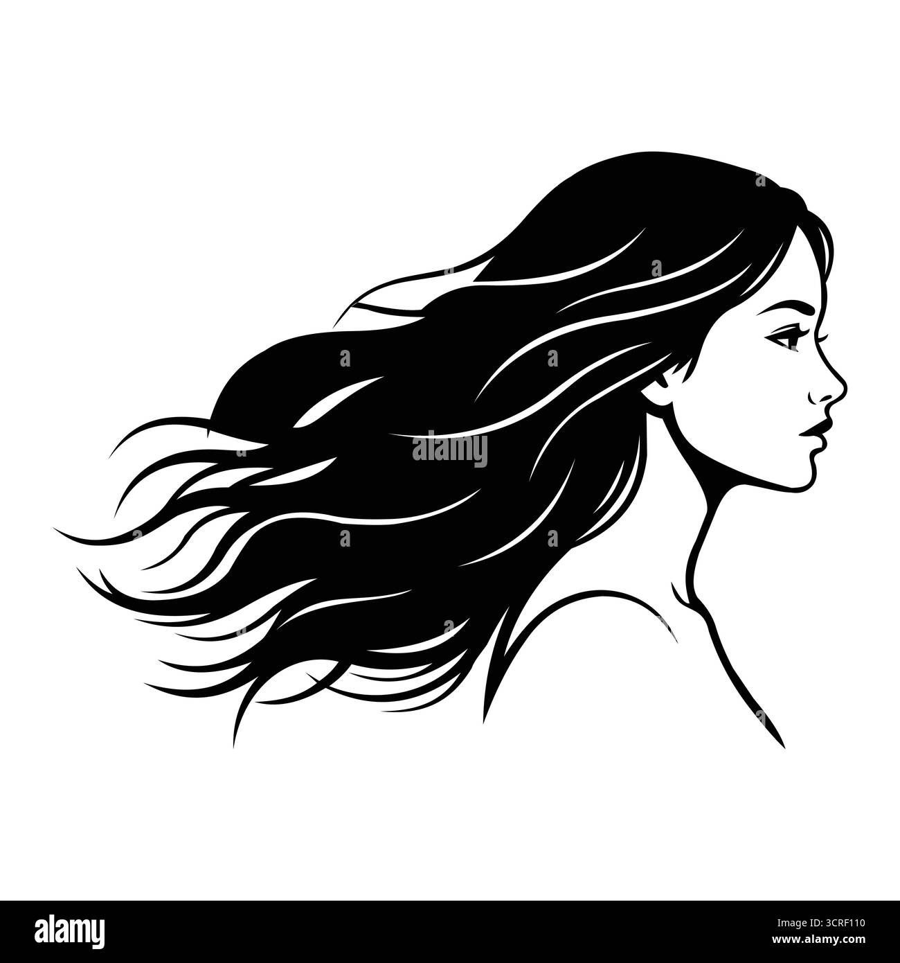 Questa elegante illustrazione presenta un profilo di una donna con capelli lunghi e fluenti. Illustrazione Vettoriale