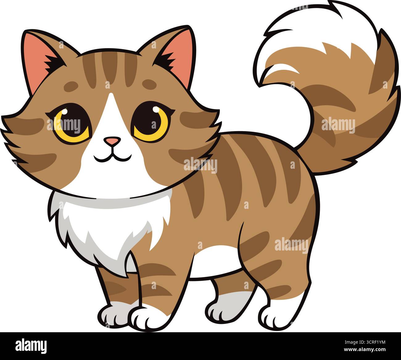Carino gatto carino a righe bianche e marroni con grandi occhi gialli e una coda soffice, una giocosa illustrazione vettoriale di un gattino Illustrazione Vettoriale