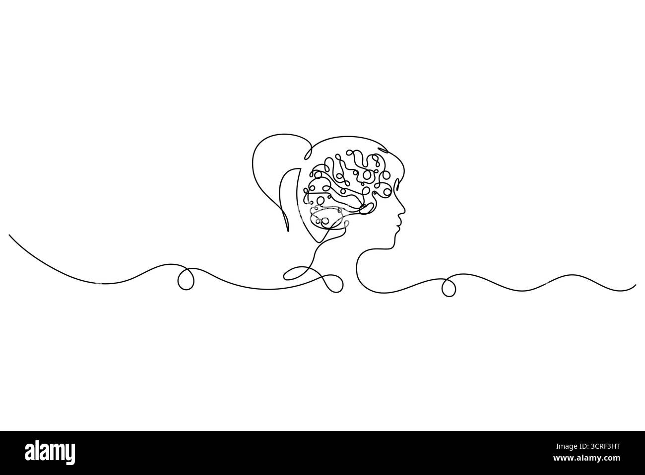Cervello umano una linea che disegna un vettore continuo isolato su uno stile minimalista bianco. Illustrazione Vettoriale