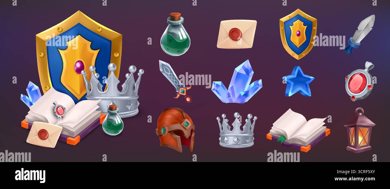 Set di icone Fantasy Gradient, tra cui caschi libri cristalli e scudi Illustrazione Vettoriale