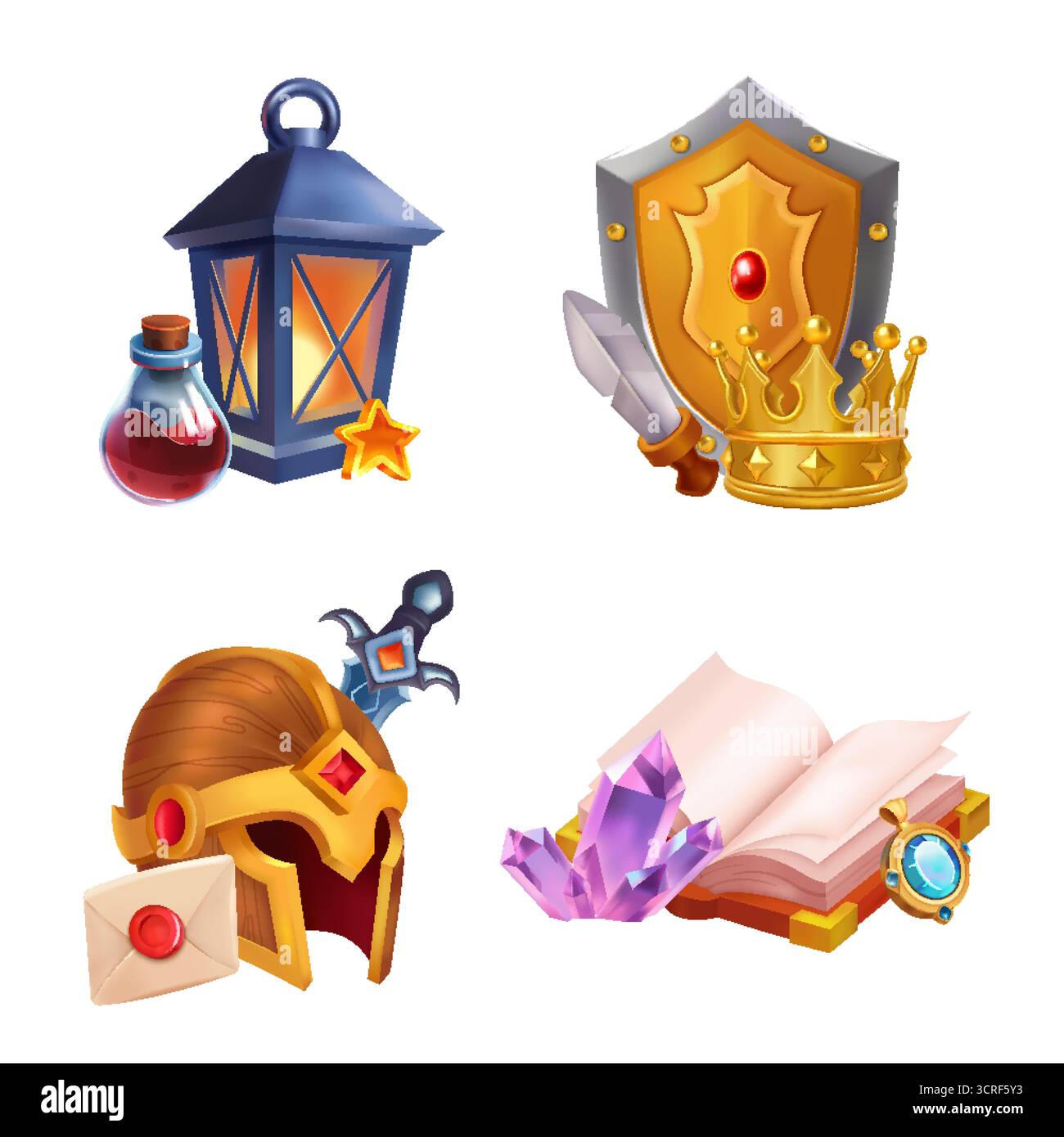 Oggetti di gioco Fantasy Gradient con Magic Lantern Potion Sword and Crown Collection Illustrazione Vettoriale