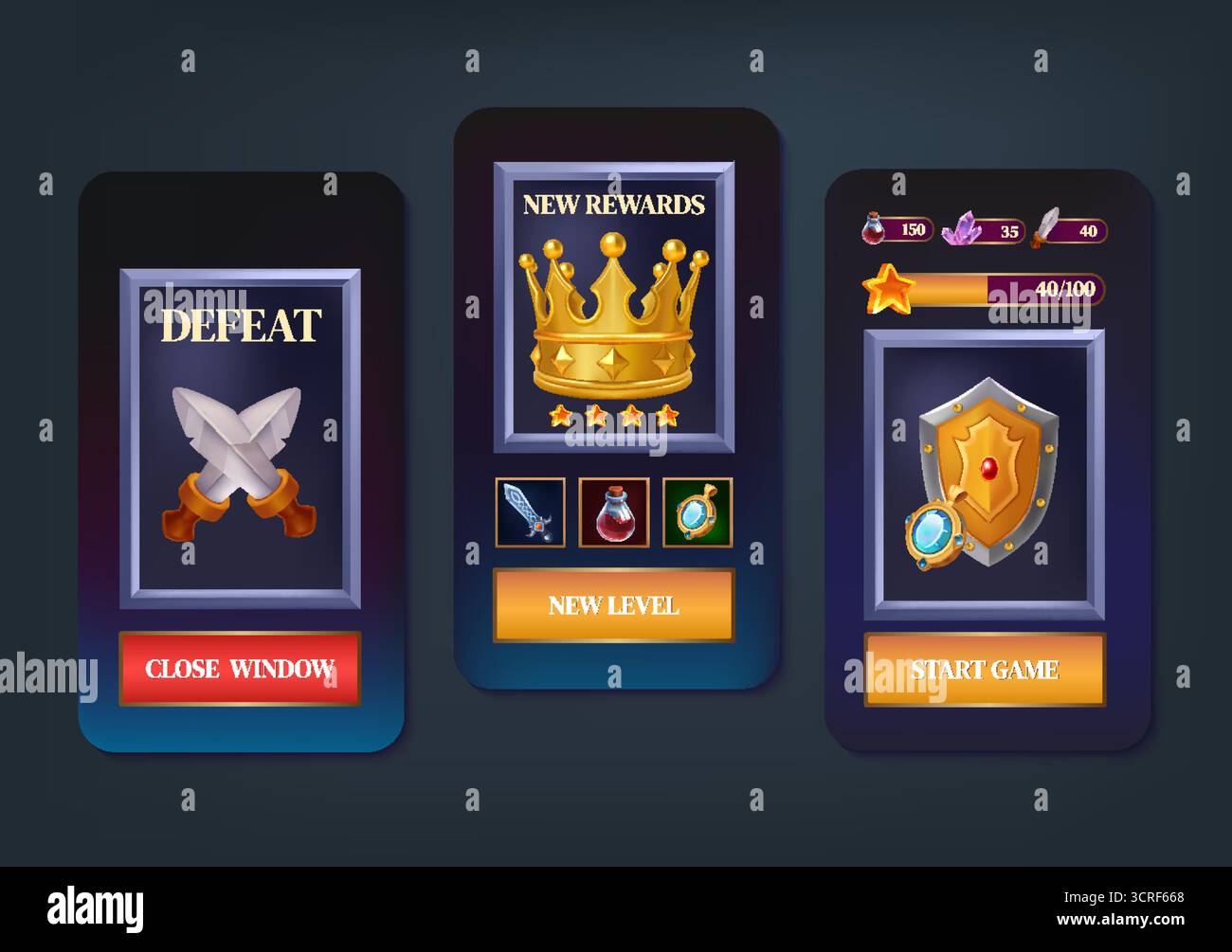 Fantasy RPG Mobile App Design con icone sfumate scudi e premi magici Illustrazione Vettoriale