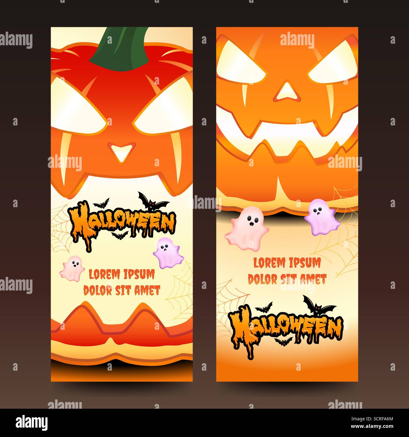 Banner luminoso di Halloween con volti di zucca brillanti, simpatici fantasmi, pipistrelli e ragnatele. Ideale per inviti a feste, poster stagionali e annunci Illustrazione Vettoriale
