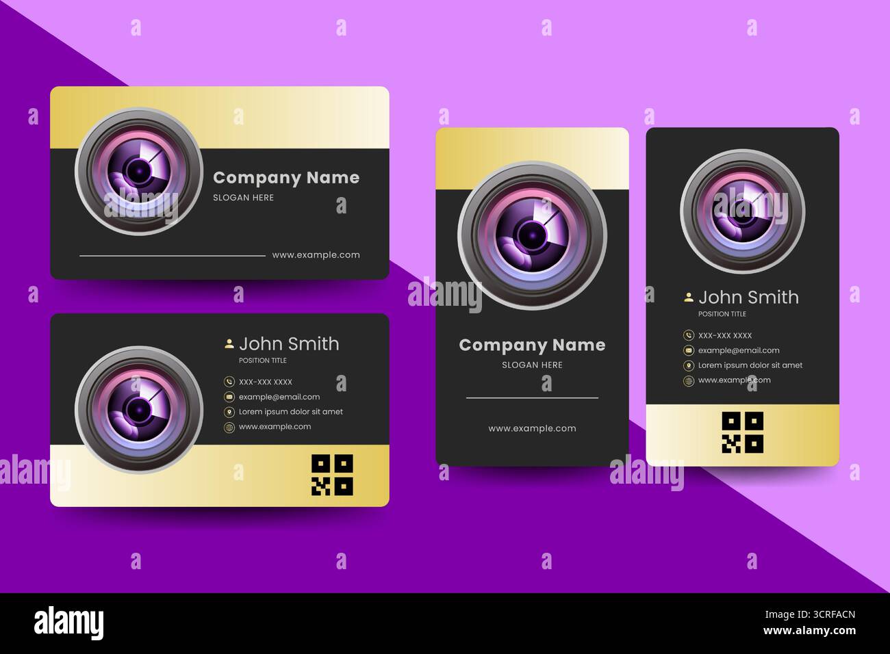 Design professionale per biglietti da visita con un'audace grafica dell'obiettivo della fotocamera. Ideale per fotografi, studi, marchi multimediali e aziende creative Illustrazione Vettoriale