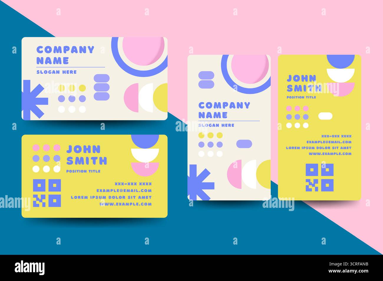 Biglietto da visita geometrico creativo con forme, blocchi e accenti di colore audaci. Perfetto per startup, designer e marchi moderni. Illustrazione Vettoriale