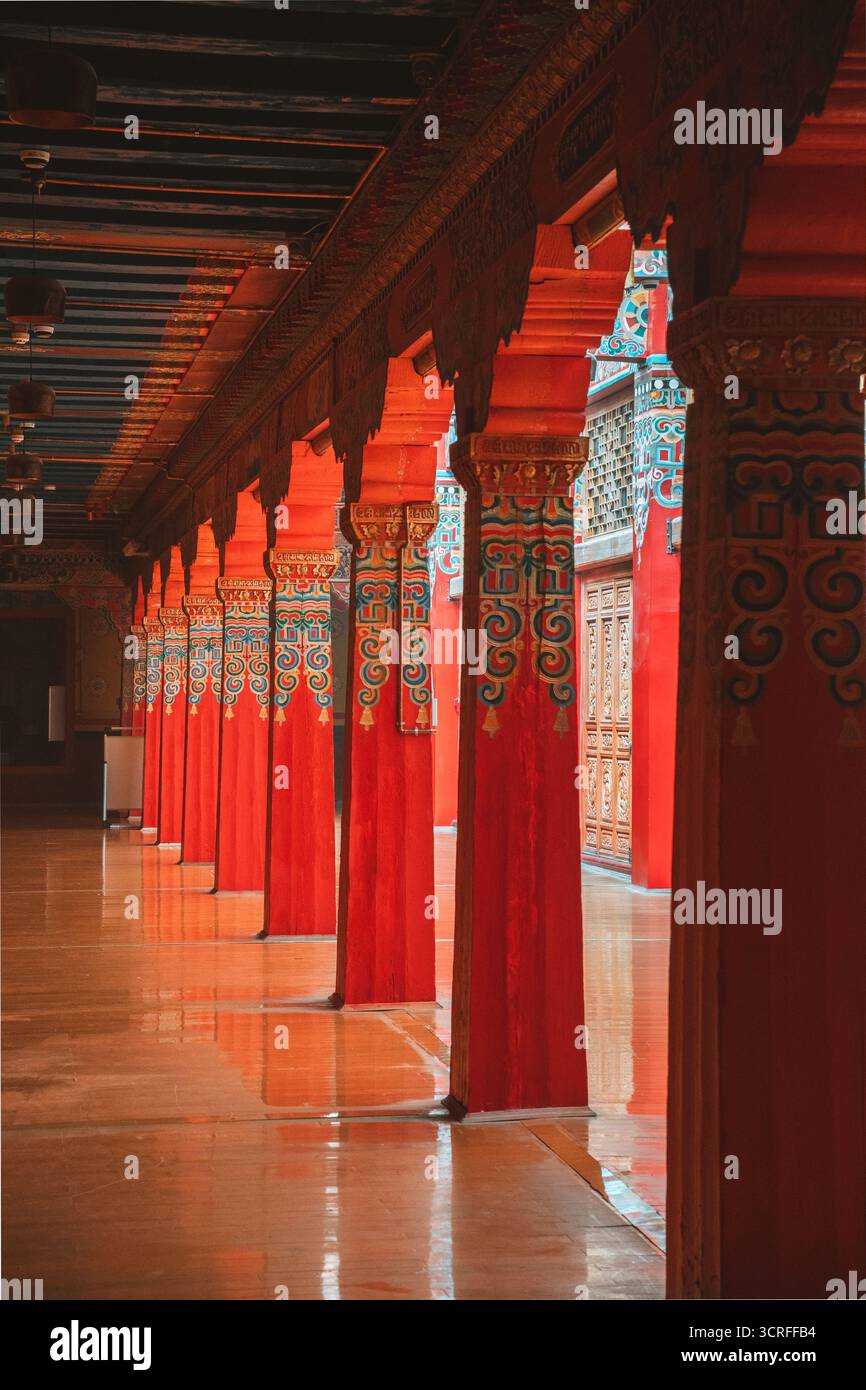 La vista delle vivaci colonne rosse che si ergono in fila crea un sorprendente ritmo visivo e ricchezza culturale, di Qing Zang Zu Zi Zhi Zhou, Yun Nan Sheng, Cina Foto Stock