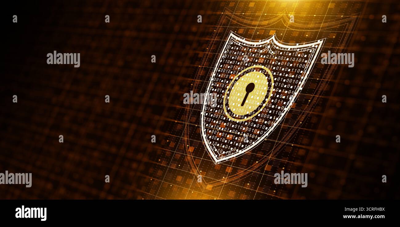 Schermo luminoso astratto con codice binario e blocco di sicurezza su sfondo digitale arancione. Difesa informatica, dati crittografati, reti online sicure, firewall Foto Stock
