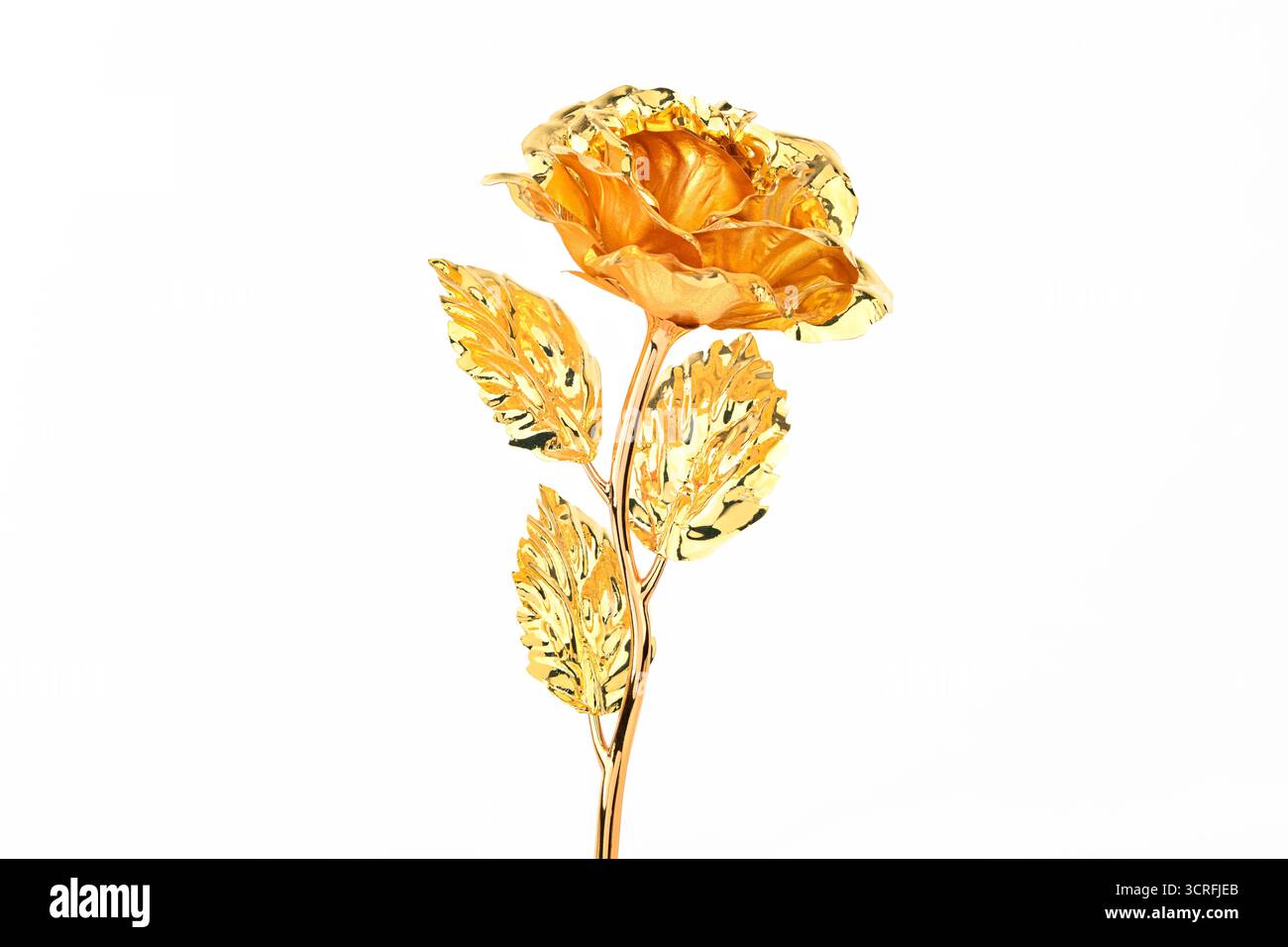 Un fiore d'oro con un gambo a foglia. Il fiore è il fuoco principale dell'immagine. Il colore oro del fiore e dello stelo le conferisce un'applicazione elegante e lussuosa Foto Stock