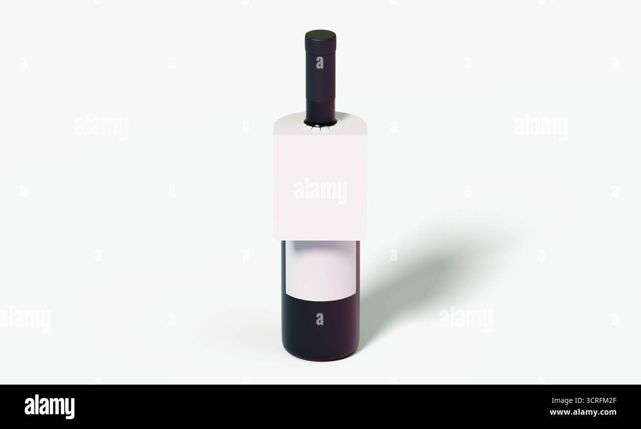Bottiglia di vino con etichetta in carta bianca, mockup isolato. Rendering 3D. Foto Stock