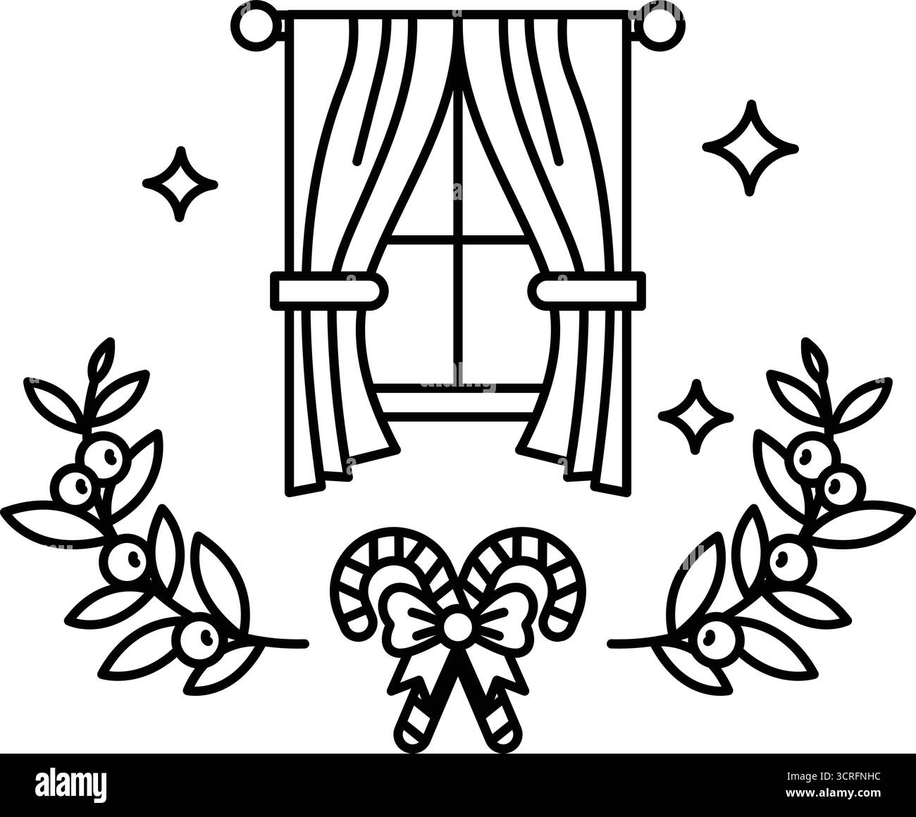 Un disegno in bianco e nero di una finestra con tende e una corona di foglie. La corona ha un arco sopra e una canna da zucchero. Le tende sono aperte, Illustrazione Vettoriale