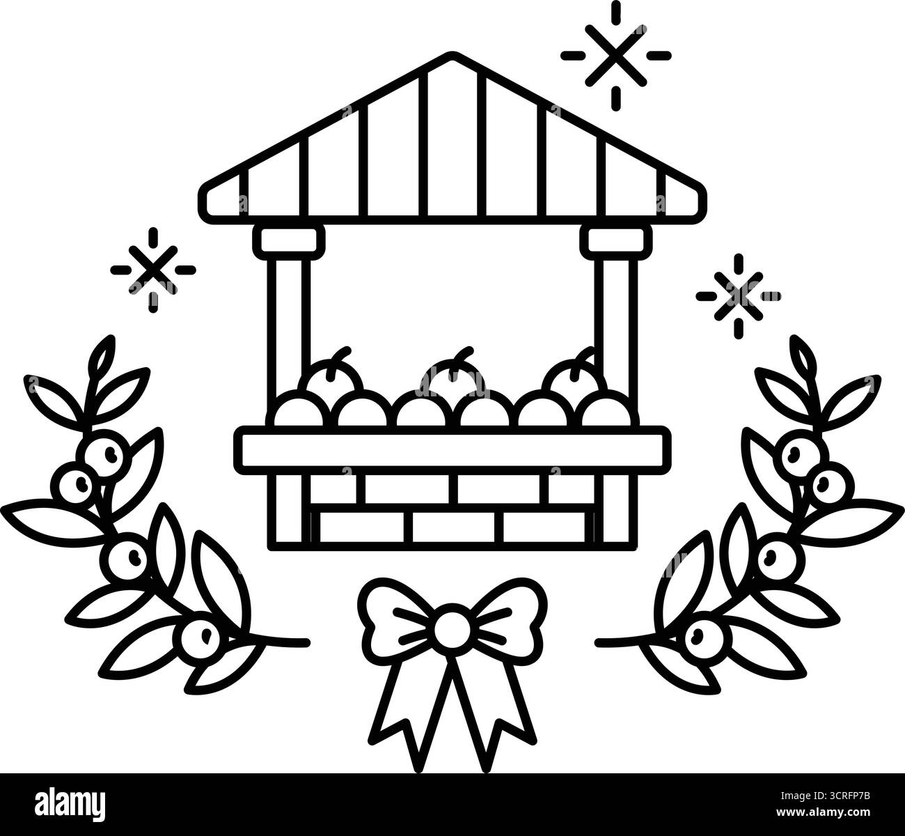 Un disegno bianco e nero di un frutteto con un arco sopra. Il frutteto è circondato da foglie e contiene mele Illustrazione Vettoriale