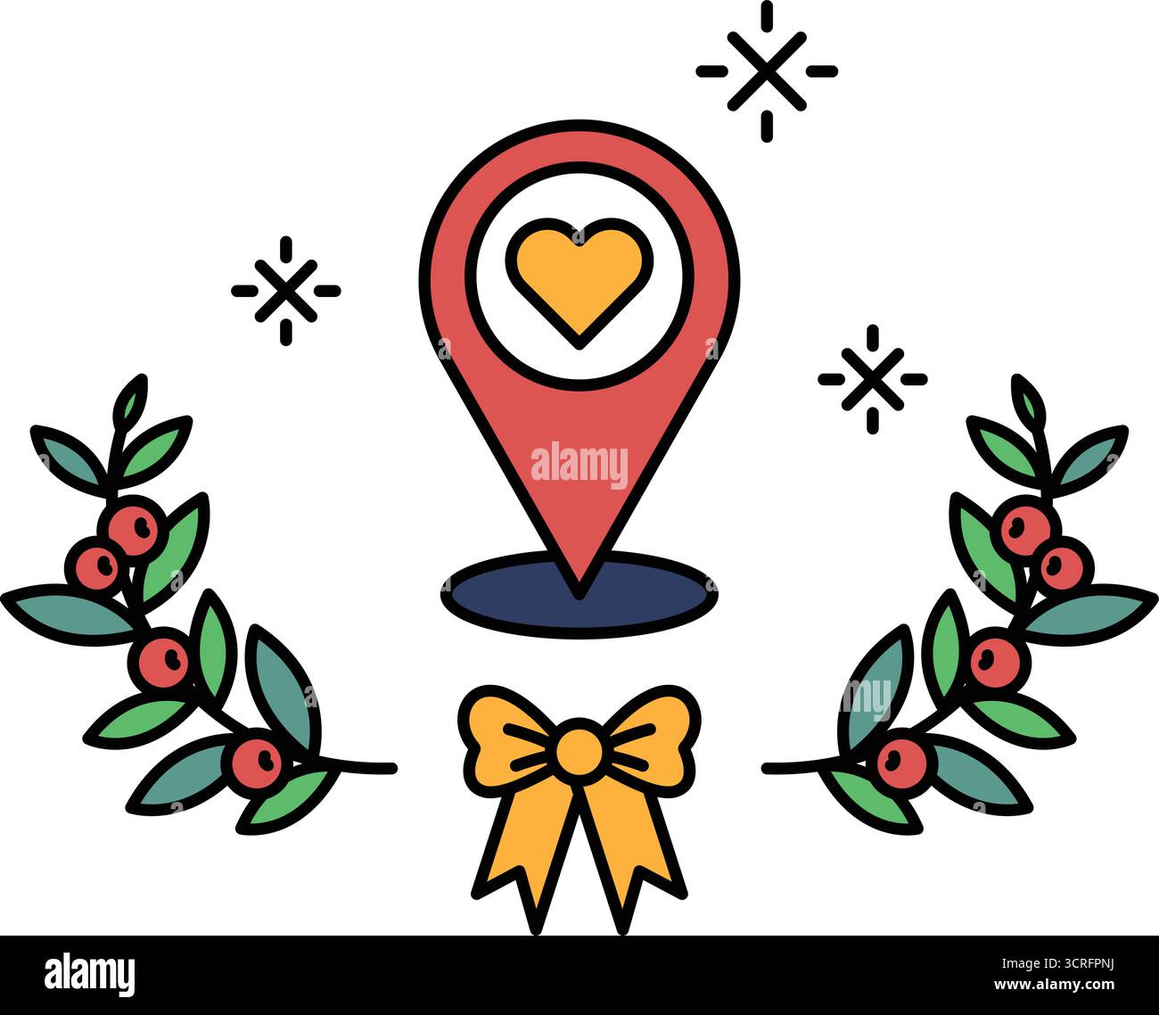 Un disegno in bianco e nero di un cuore e una mappa con un arco rosso. Il cuore è al centro della mappa e l'arco è sul lato destro della mappa. Il Illustrazione Vettoriale