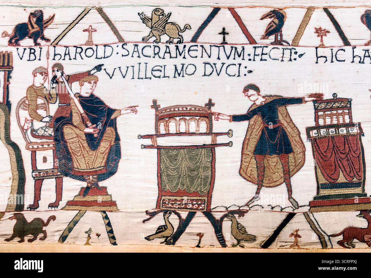 Harold giurò sulle sacre reliquie a Guglielmo, duca di Normandia (arazzo Bayeux 1066-1082) Foto Stock