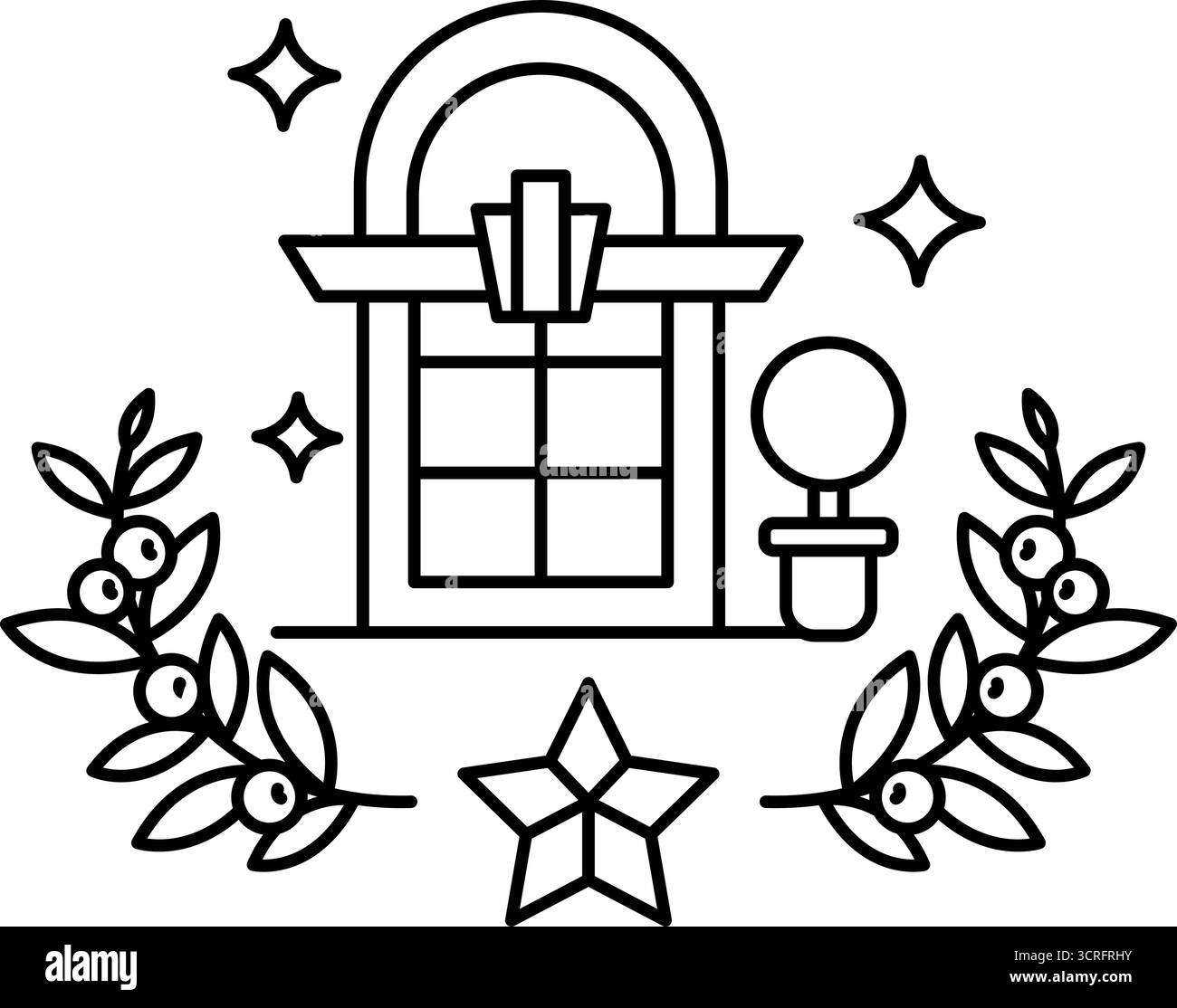Un disegno in bianco e nero di una casa con una finestra e una pianta. Il disegno ha un'atmosfera vintage ed è decorato con foglie e una stella Illustrazione Vettoriale