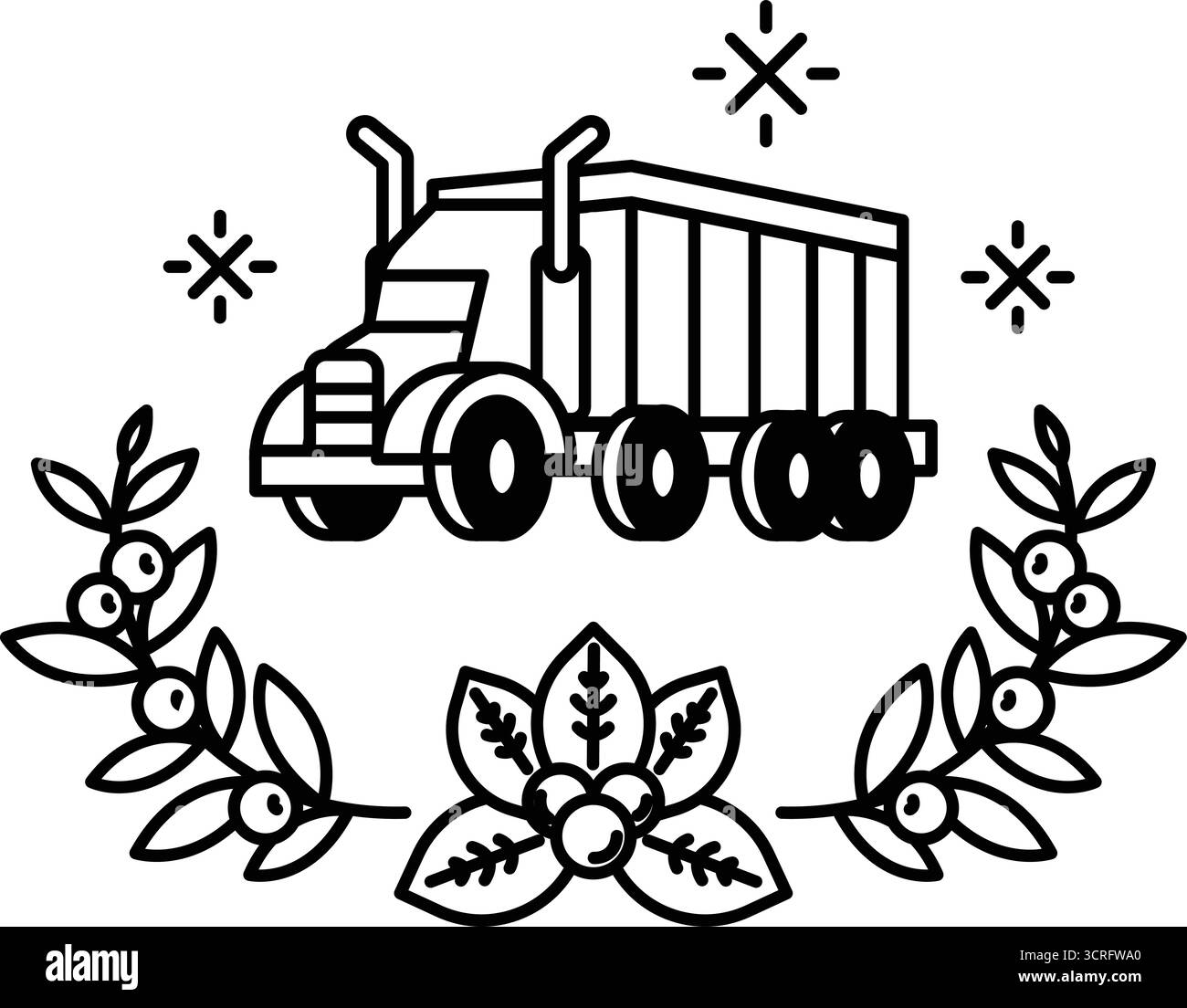 Un camion bianco e nero sta guidando attraverso un campo di fiori. Il carrello è circondato da una corona di foglie e bacche Illustrazione Vettoriale
