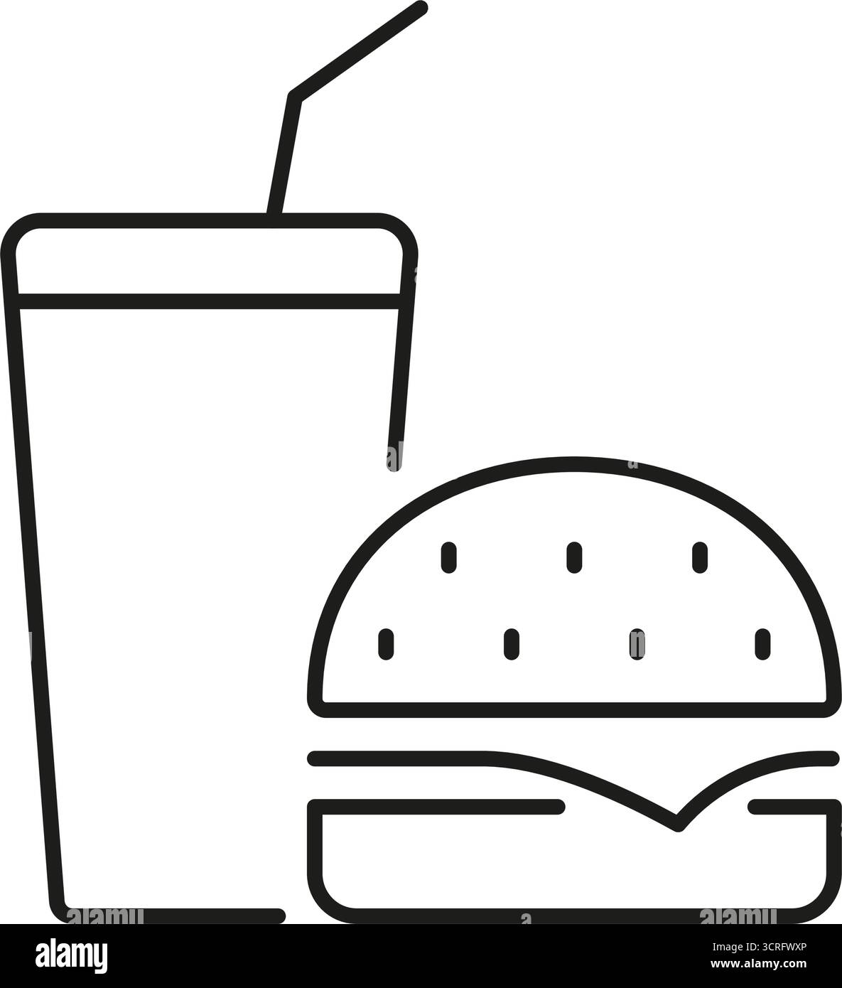 Icona Burger and drink Line. Fast food, fast food e bevande da asporto. Concetto di snack e ristoro. Tratto modificabile Illustrazione Vettoriale