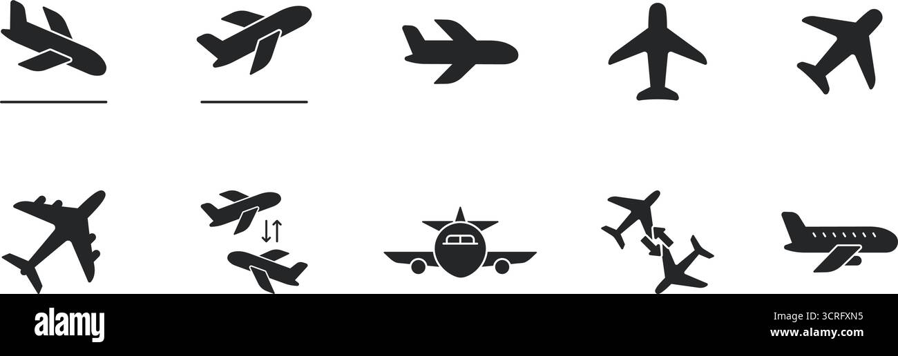 Set di icone di Airplane Travel Flight Takeoff Landing and Transportation Solid. Aircraft Journey Airline partenza arrivo elementi silhouette Symbol Illustrazione Vettoriale