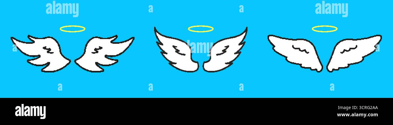 Angel Wings con set di icone pixelate Halo. Pixel Art Symbol Collection of Feathered Angel Wings, che rappresentano la Santità, l'Ascensione e la presenza Divina Illustrazione Vettoriale
