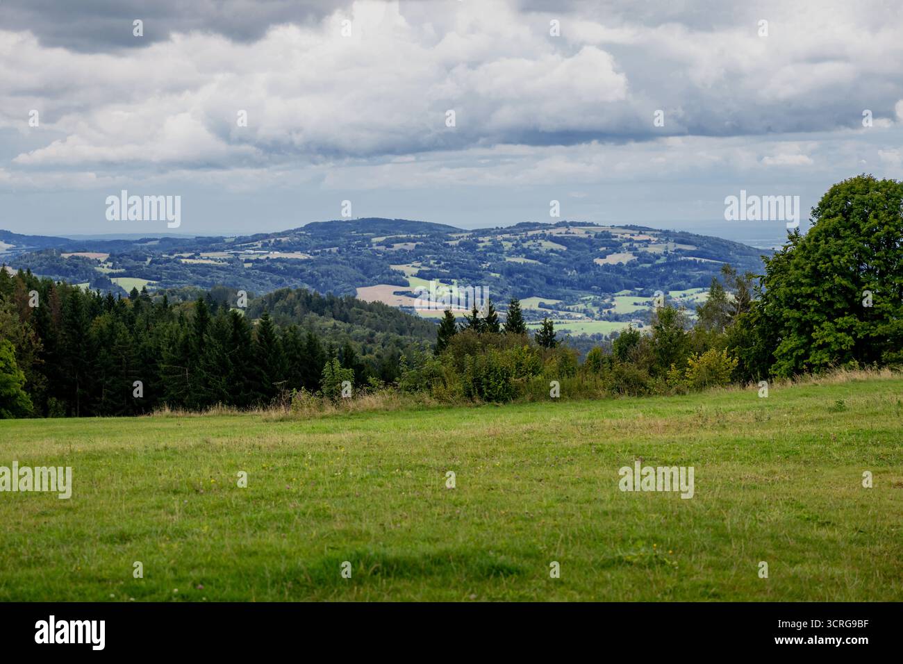 Campagna nel paradiso ceco, prato, foresta e ampia collina Redice con campo sullo sfondo, repubblica Ceca. Vista dalla collina Kozakov a sud-est. Foto Stock