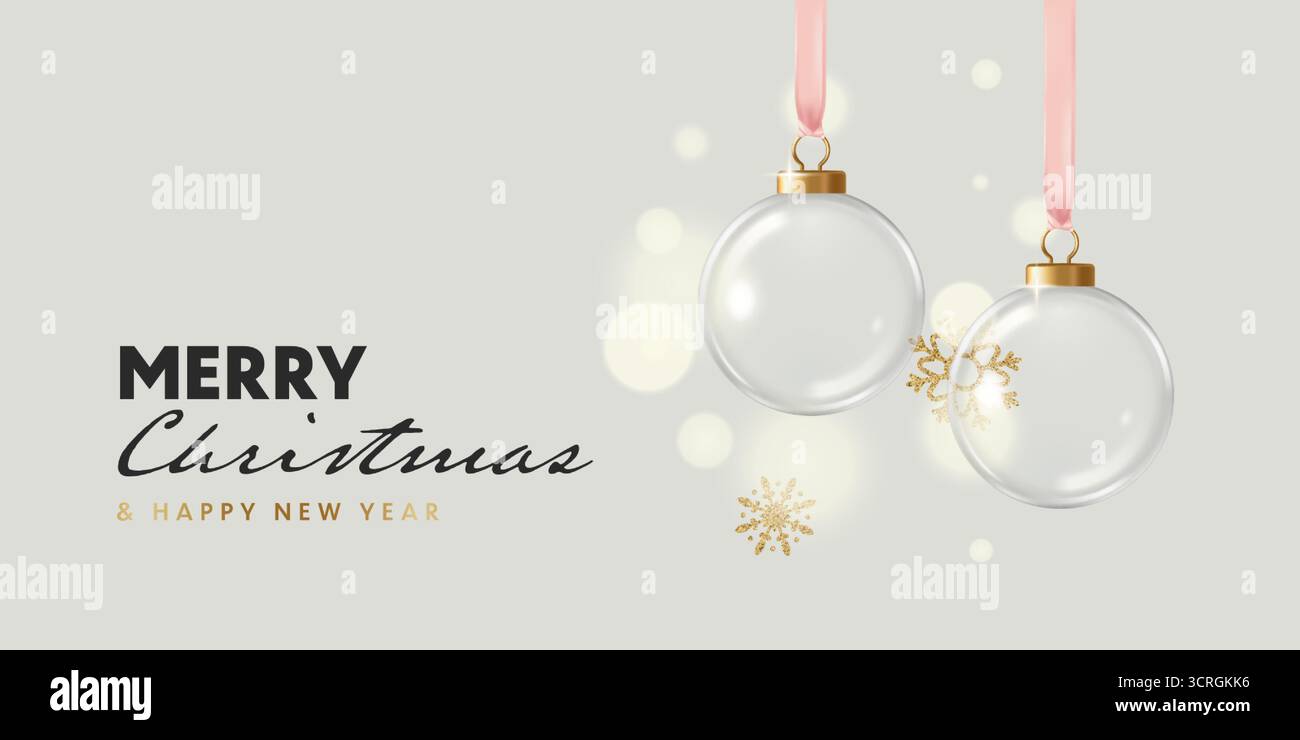 Striscione natalizio con palle di vetro trasparente realistiche appese e fiocchi di neve volanti d'oro. Illustrazione vettoriale in stile 3D. Illustrazione Vettoriale