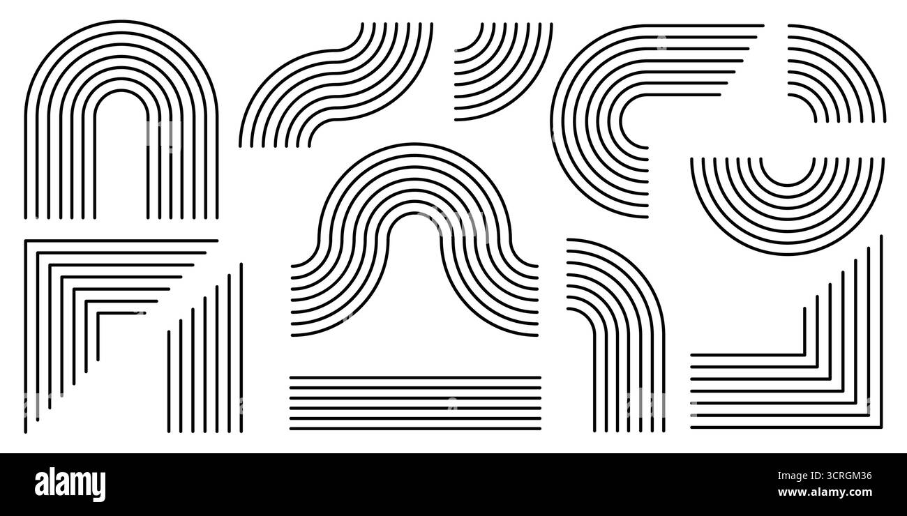 Forme di linea astratte impostate isolate su sfondo bianco. Illustrazione vettoriale di arco in stile retrò, arcobaleno, elementi d'angolo, motivo geometrico scandinavo anni '70, poster vintage, decorazione lineare Illustrazione Vettoriale
