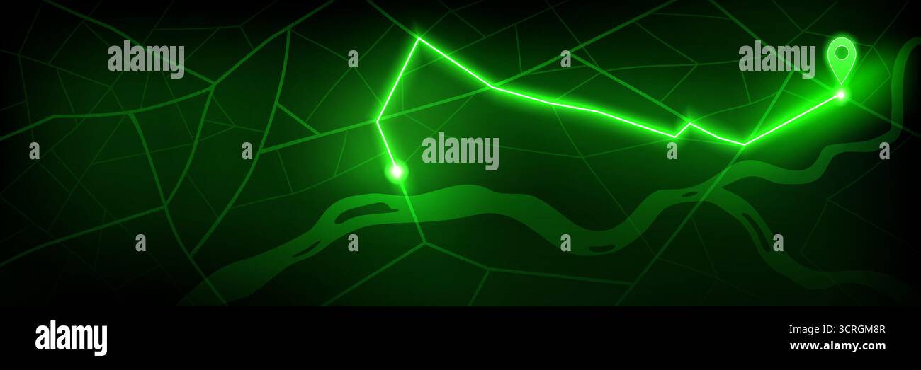 Navigazione GPS digitale con mappa al neon e percorso luminoso per il tracciamento della posizione. Il terreno poligonale verde mostra un percorso luminoso con marcatore a spillo. Interfaccia cartografica futuristica per app o giochi. Illustrazione Vettoriale