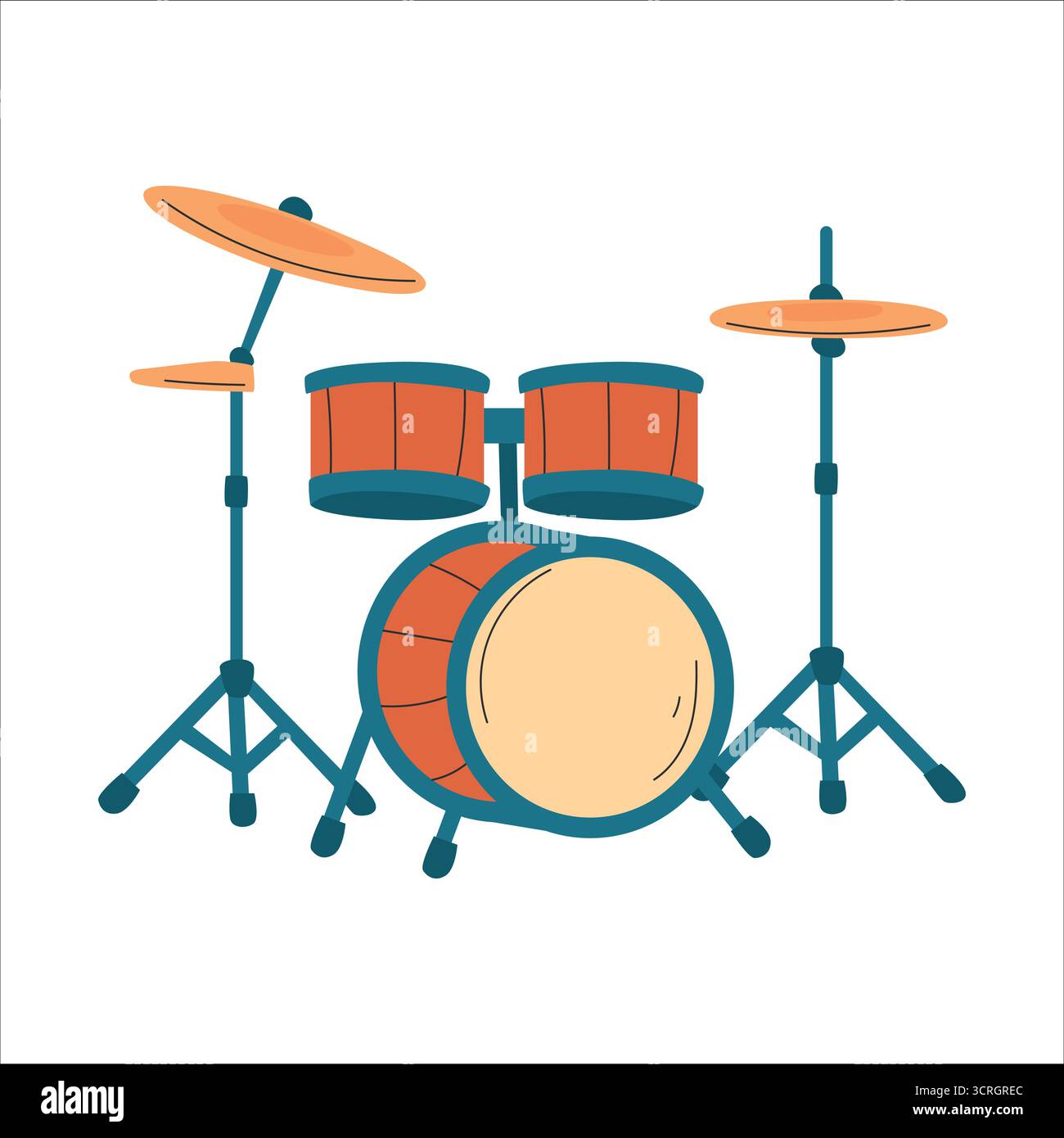 Un set di tamburi colorati con due basi, una batteria di basso e piatti. I tamburi sono principalmente arancioni e blu, adatti per temi legati alla musica. Illustrazione Vettoriale