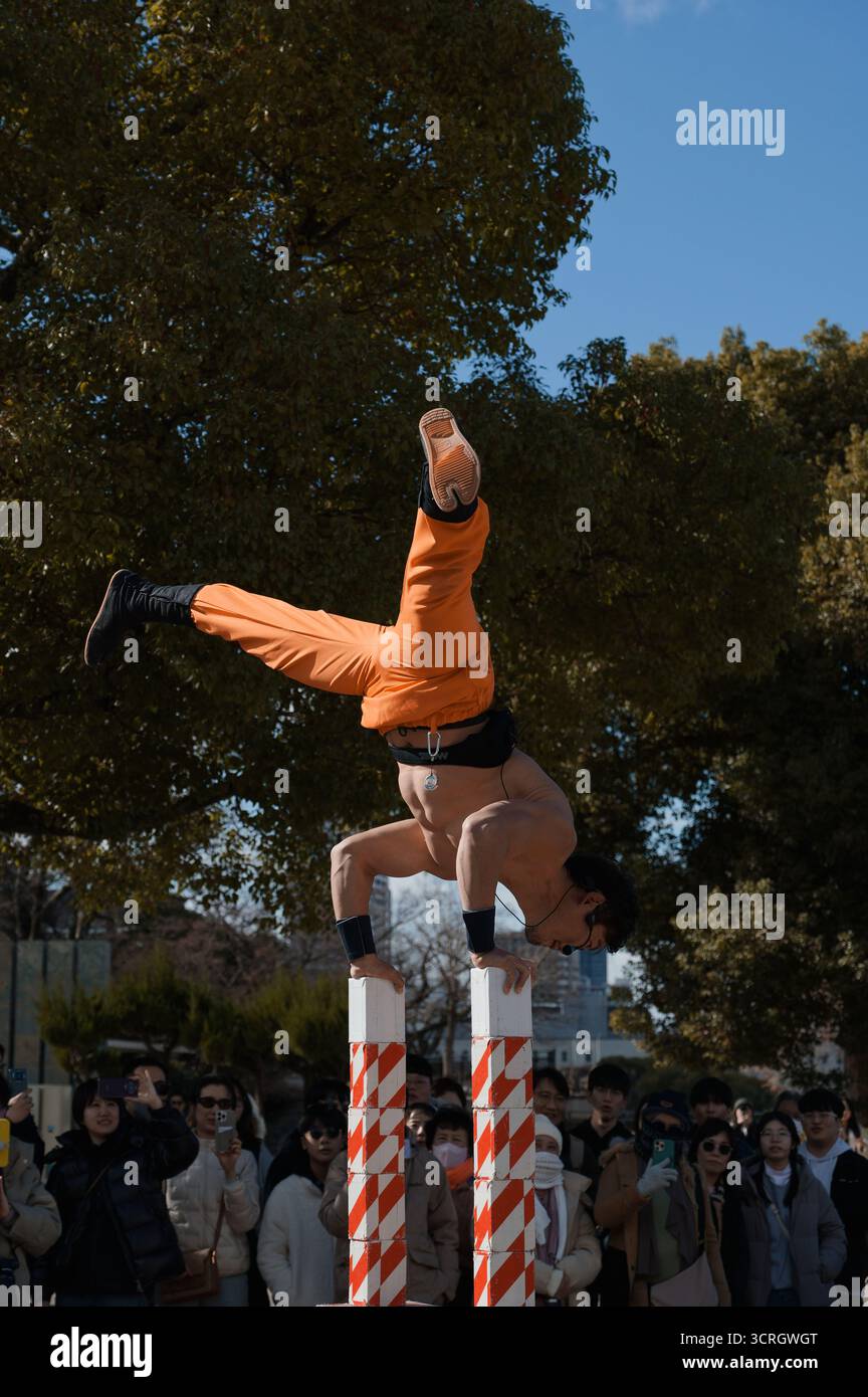 Acrobat si bilancia su due pali durante un'audace esibizione all'aperto al Parco del Castello di Osaka Foto Stock