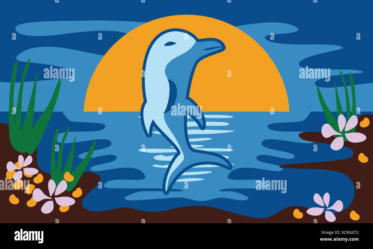 Splendida illustrazione di un delfino che salta sul paesaggio oceanico con onde dinamiche, cielo al tramonto e vibrazioni marine. Perfetto per natura, fauna selvatica, mare, AN Illustrazione Vettoriale