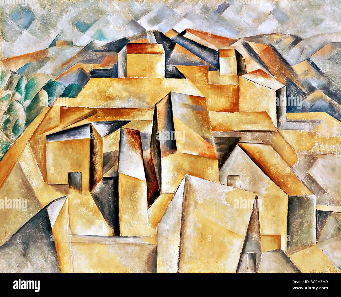 Pablo Picasso, Houses on the Hill (Horta de Ebro), 1909 — città collinare proto-cubista resa come piani interconnessi. Illustrazione Vettoriale