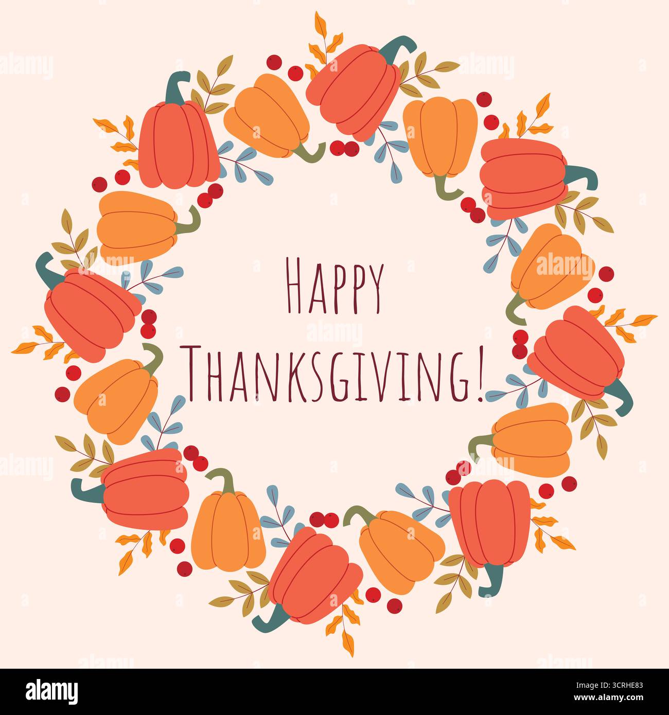 Biglietto d'auguri per l'felice Ringraziamento. Cornice rotonda con zucche, frutti di bosco, foglie e testo di saluto. Design autunnale con ghirlanda e grafica vettoriale Illustrazione Vettoriale