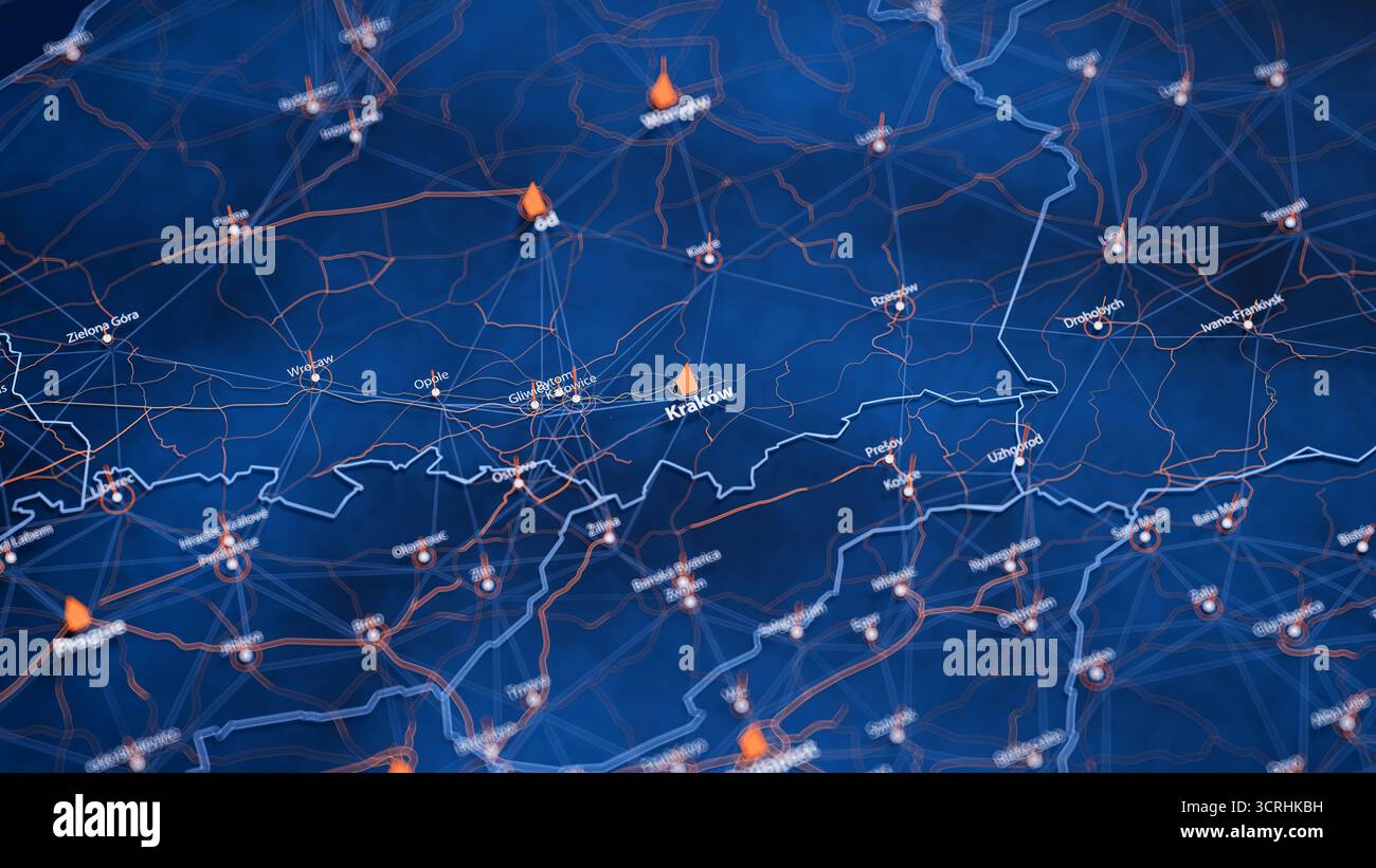 Cracovia mappa la visualizzazione dei big data. Infografica futuristica sulla mappa della città in Polonia. Complessità dei dati delle mappe visive nei moderni colori blu e arancione Foto Stock