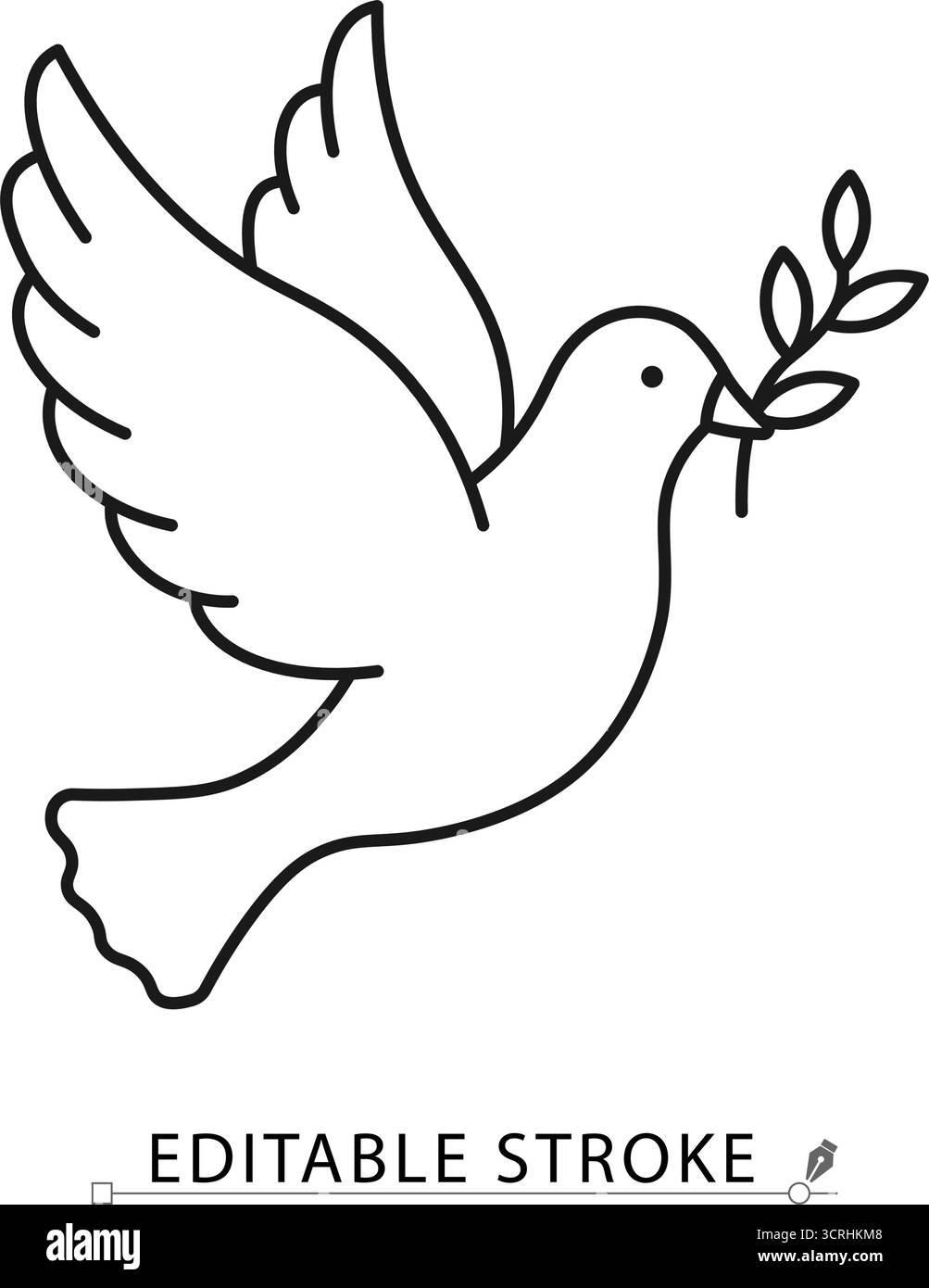 Un'icona di pace in stile minimalista con tratto modificabile. Uccello volante con ramoscello d'ulivo, simbolo di libertà, segno di speranza e d'amore, spirituale Illustrazione Vettoriale