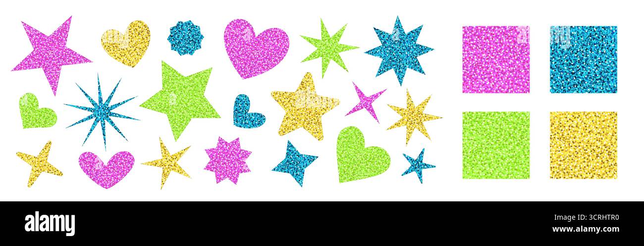 I motivi luccicanti e le stelle e i cuori modellano gli adesivi. Texture vettoriali luminose in rosa, blu, verde e oro. Perfetto per natale Illustrazione Vettoriale