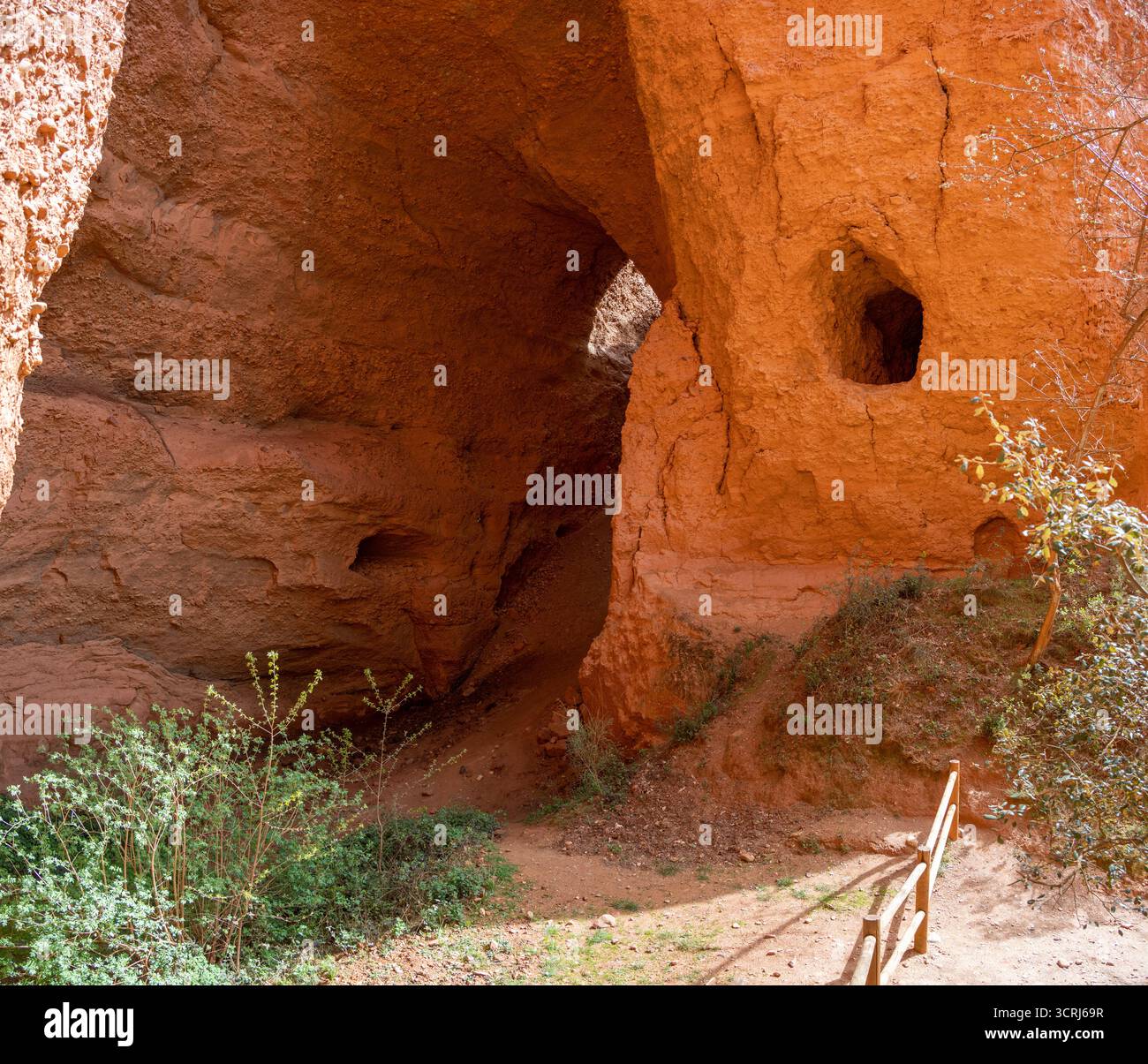 Ingresso alla grotta rocciosa con pareti di arenaria rossa e piccole piante. Foto Stock