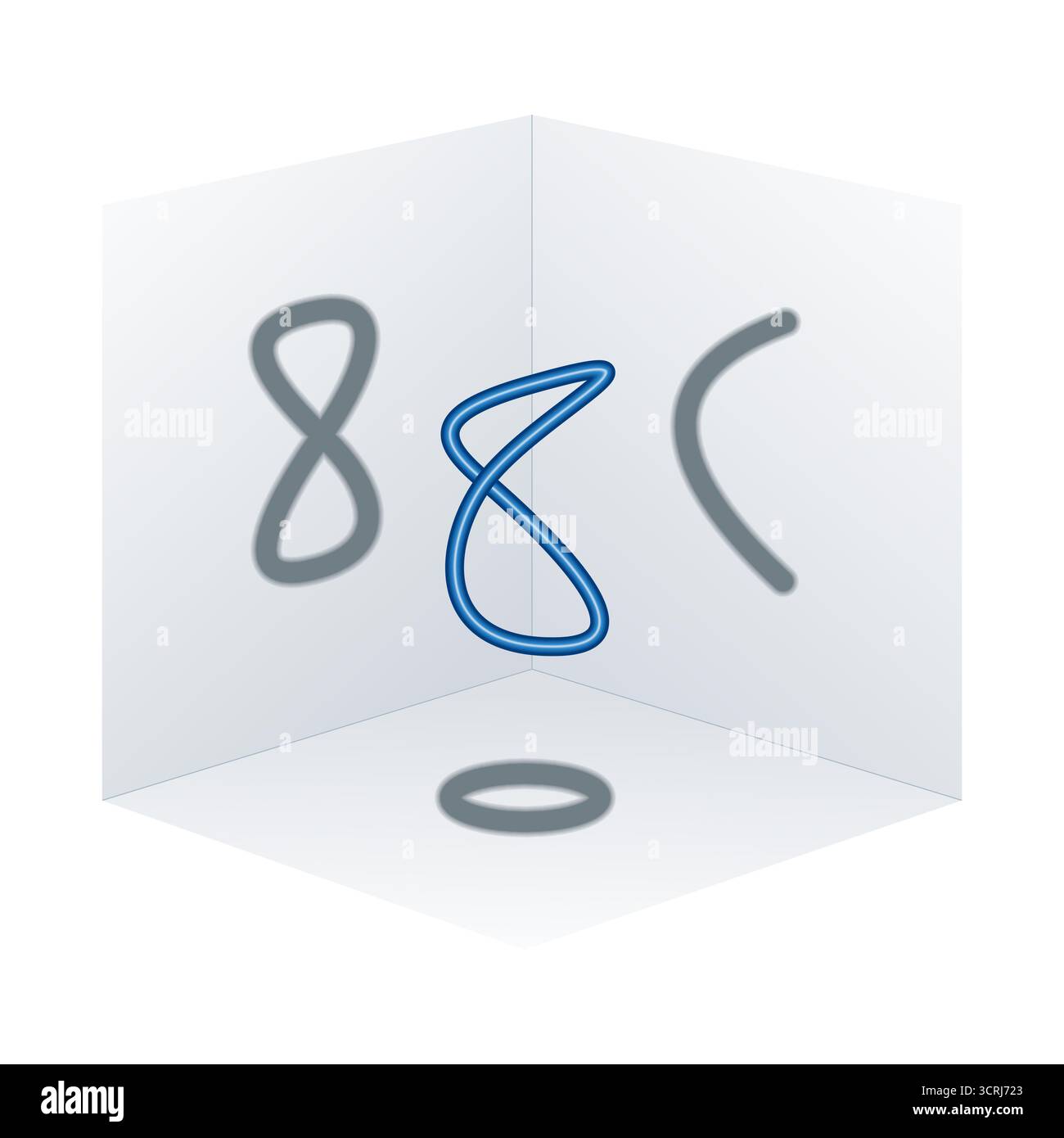 Tubo blu curvo in uno spazio tridimensionale che crea tre diverse ombre. Arco, cerchio e simbolo di infinito. Foto Stock