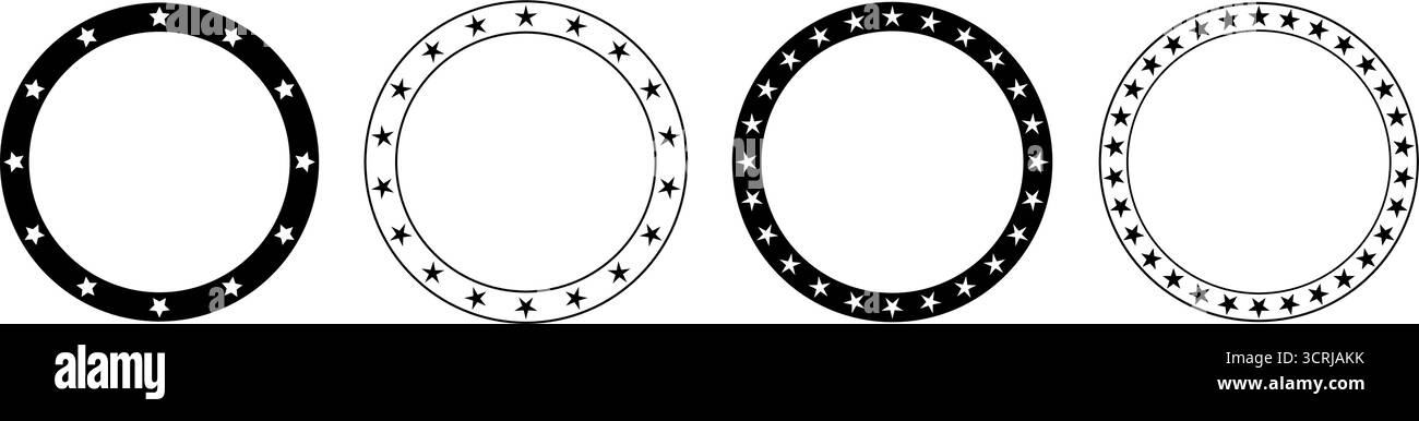 Set di cornici cerchio a stella. Bordo arrotondato a forma di stella. Emblema europeo. Badge geometrico circolare. Illustrazione vettoriale isolata su sfondo bianco Illustrazione Vettoriale