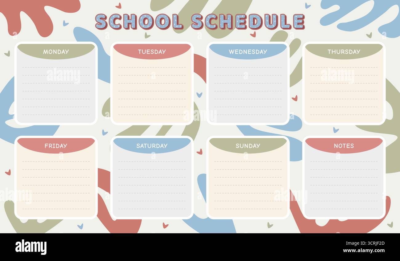 Modello di pianificazione scuola vettoriale in colori boho. Orari per scolari, disegno di cartoni animati in stile bohémien, pianificatore di lezioni settimanali con flui Illustrazione Vettoriale