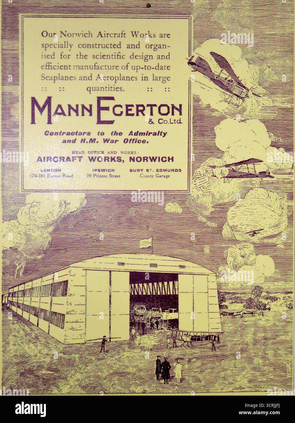 Poster classico della prima Guerra Mondiale che pubblicizza le opere degli aerei di Mann Egerton, Norwich Foto Stock