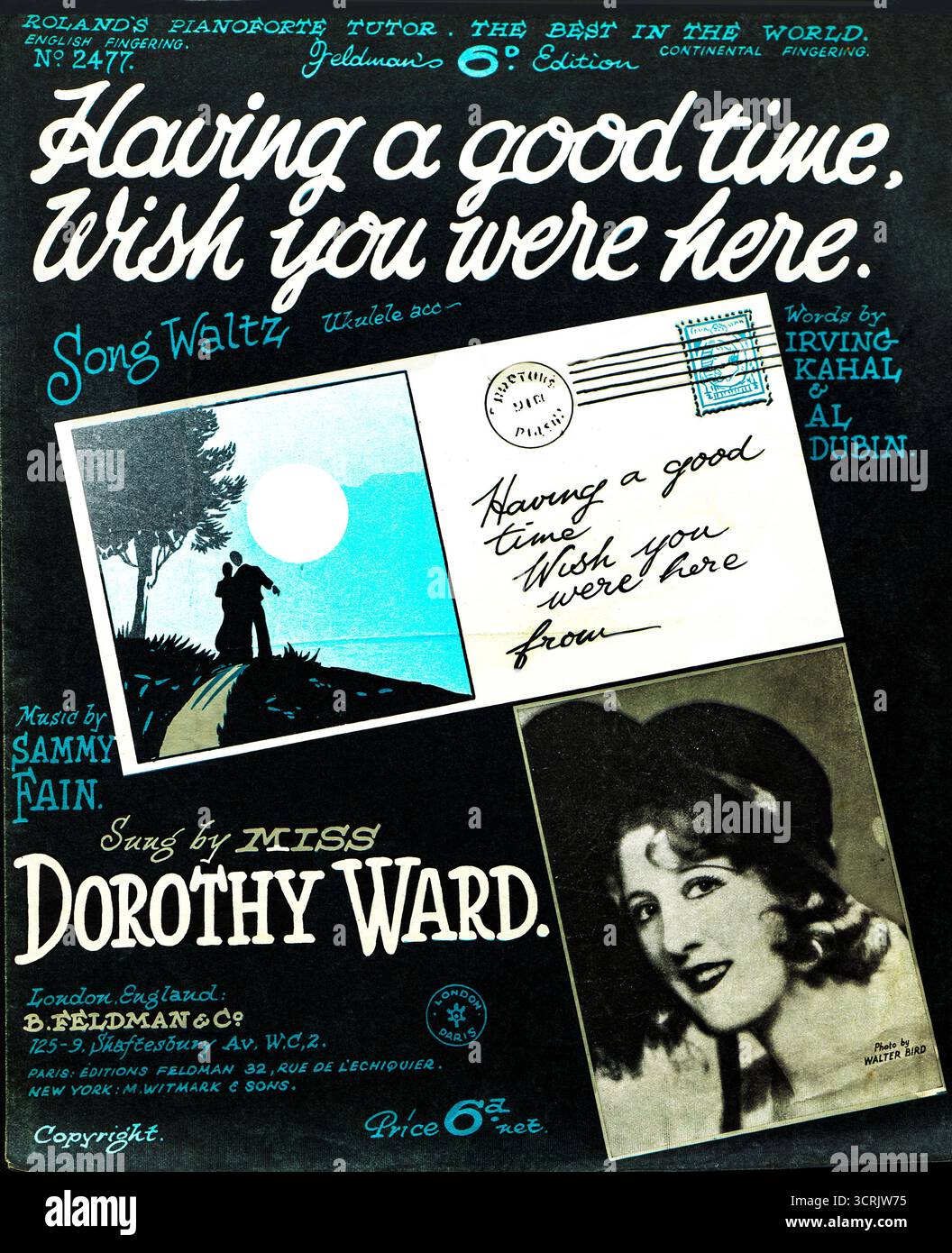 Copertina vintage di spartiti per divertirsi, Wish You Were Here, un valzer di canzoni pubblicato da B. Feldman & Co., Londra, intorno agli anni '1930 Musica di Sammy Fain con testi di Irving Kahal e al Dubin, interpretata da Miss Dorothy Ward. Il design illustrato incorpora un motivo da cartolina e una silhouette romantica, che riflette la cultura musicale popolare interbellica e i collegamenti editoriali internazionali, con le edizioni di Feldman distribuite a Londra, Parigi e New York. Foto Stock