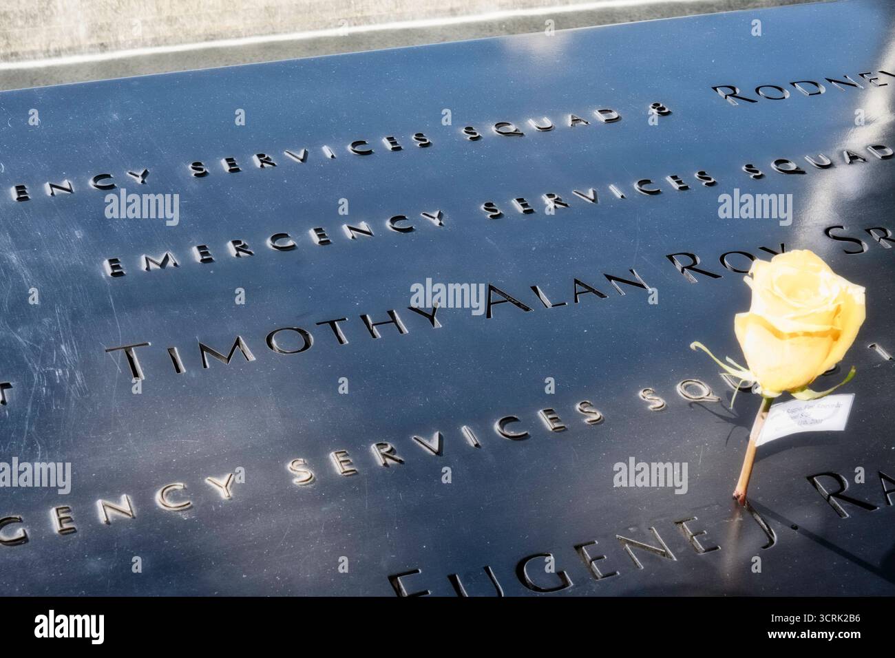 Memorial Rose Blossom che segna un nome al World Trade Center Footprint pool of Victims of 911, 2025, New York City, USA Foto Stock