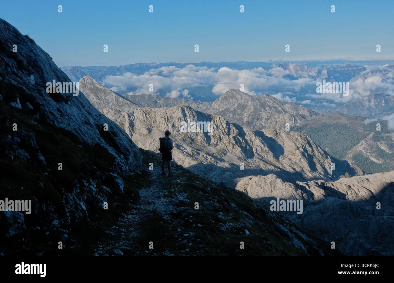 Mare di nuvole sotto il massiccio occidentale nel Parco Nazionale Picos de Europa, Castiglia e León, Spagna Foto Stock