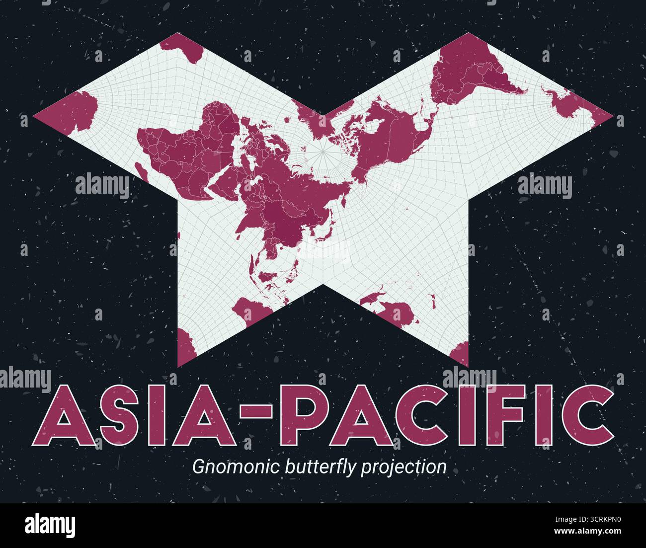 Asia-Pacifico. Mappa del mondo. Proiezione della farfalla gnomonica incentrata sull'Asia-Pacifico. Menta pallida e rosa scuro. Texture vintage. Illustrazione Vettoriale