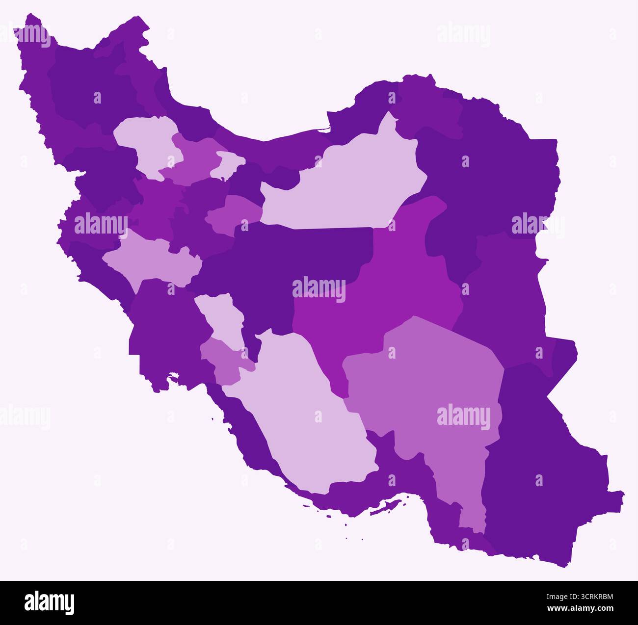 Mappa dell'Iran con le regioni. Solo una semplice mappa di confine con la divisione della regione. Tavolozza dei colori viola. Illustrazione Vettoriale