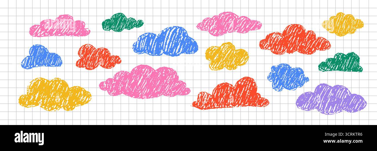 Divertente e colorato set di nuvole di pastelli. Elementi carini del cielo dei cartoni animati per il design delle docce per bambini o per lo scrapbooking. Illustrazione vettoriale su foglio quaderno a scacchi Illustrazione Vettoriale Divertente e colorato set di nuvole di pastelli. Elementi carini del cielo dei cartoni animati per il design delle docce per bambini o per lo scrapbooking. Illustrazione vettoriale su foglio quaderno a scacchi Illustrazione Vettoriale