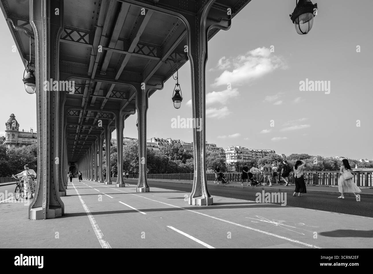 Parigi, Francia - 9 agosto 2025 : Vista panoramica del famoso ponte Bir-Hakeim a Parigi Francia in bianco e nero Foto Stock